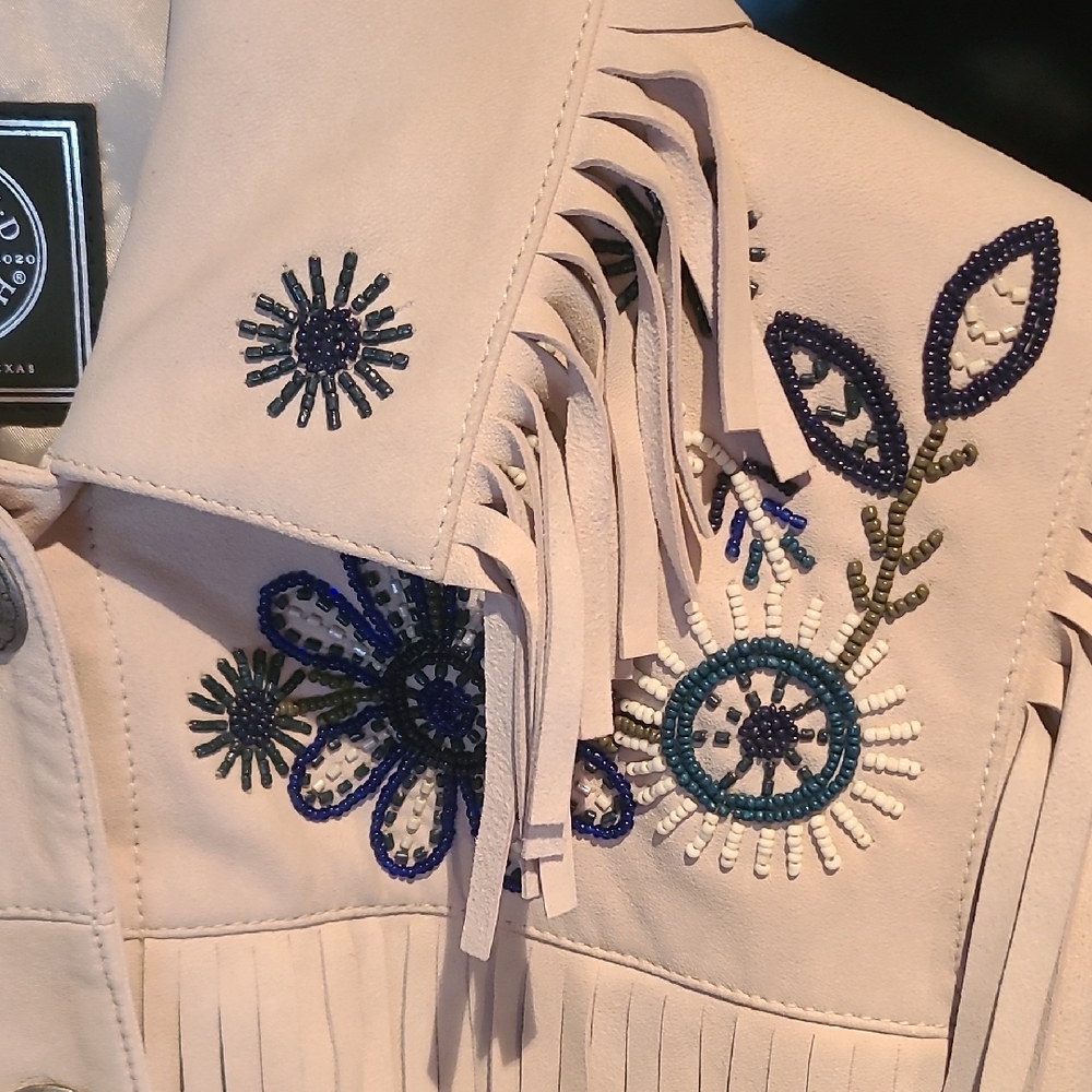 Double D Ranch Cream Leather Fringe Jacket with Blue Embroidery Western Style - Picture 3 of 13